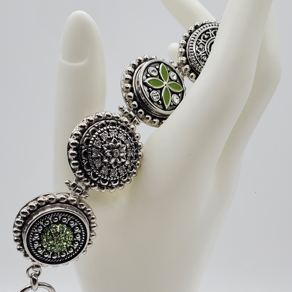 GS Silver Tone Green Rhinestone Bracelet Enamel Link Fashion Jewelry 7 1/2" - Picture 2 of 10